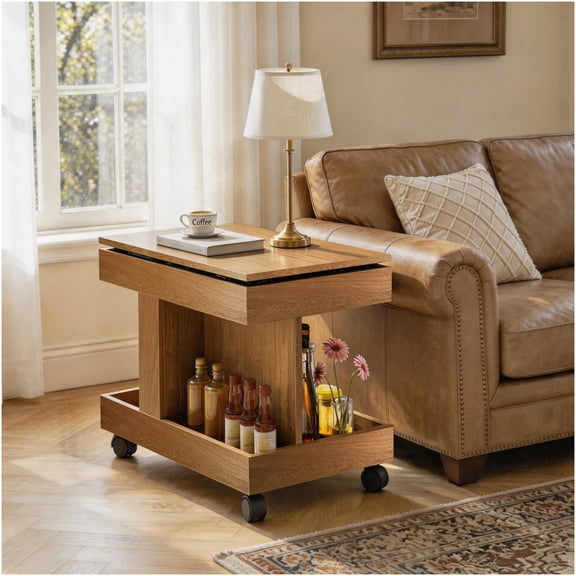 Rolling Side Table with 360 Degree Rotating Desktop and Storage Compartment, Natural Solid Wood and MDF Mobile Table for Living Room Bedroom