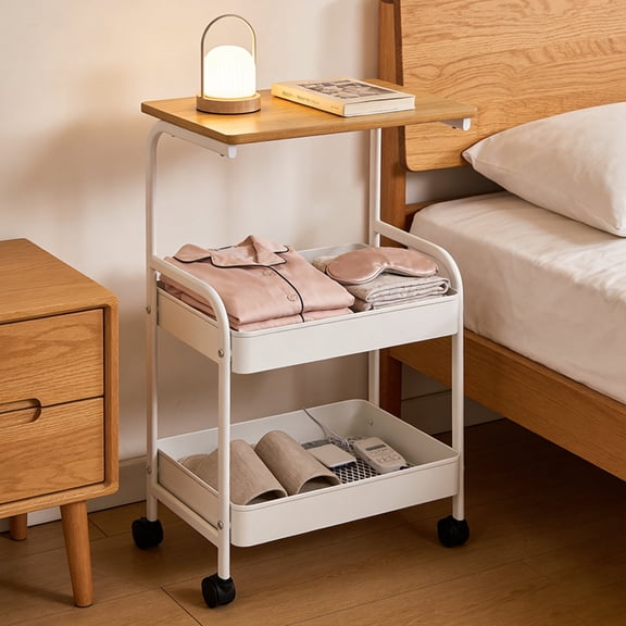 Rolling Side Table with Storage Shelf, End Table Small Nightstand Magazine Rack for Coffee, Snacks, Home Office, Living Room, Black and White
