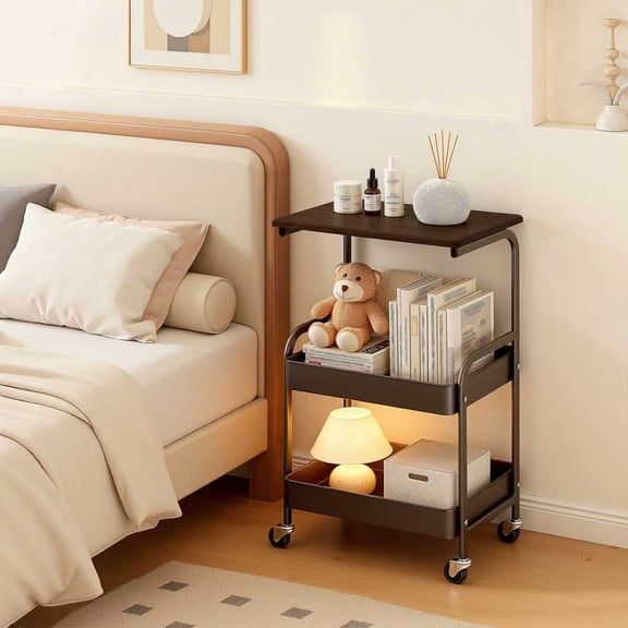 Rolling Side Table with Storage Shelf, End Table Small Nightstand Magazine Rack for Coffee, Snacks, Home Office, Living Room, Black and White