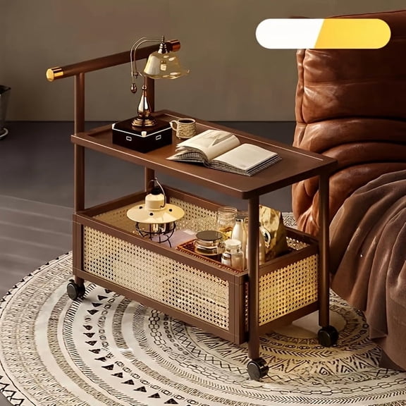 Rolling Side Table with Wood Frame and Cane Storage Shelf, Brown Tea Cart for Living Room