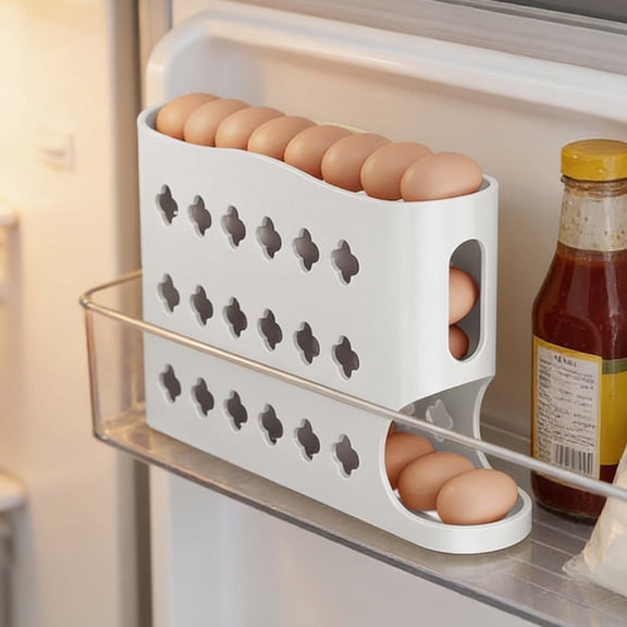 Rolling Slide Egg Storage Box for Refrigerator Door | Stackable Organizer with Removable Lid | Holds 12 Eggs | White or Beige Plastic | 12.6 x 7.09 x 2.76 Inches