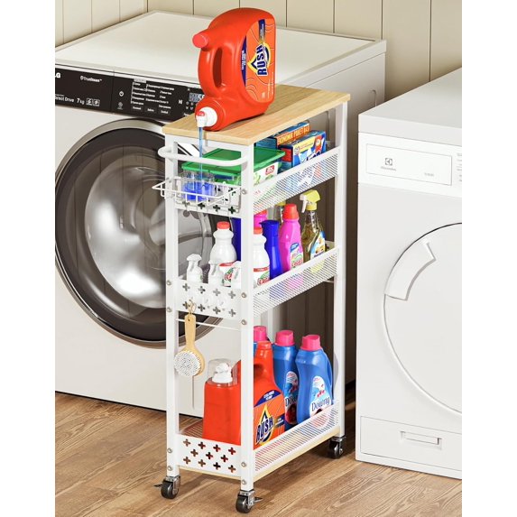 Rolling Slim Storage Cart, 4-Tier Narrow Bathroom Laundry Room Organization Cart, Metal Kitchen Storage Mobile Shelf Unit Organizer with Wood Top, Slim Utility Cart with Wheels for Small Space