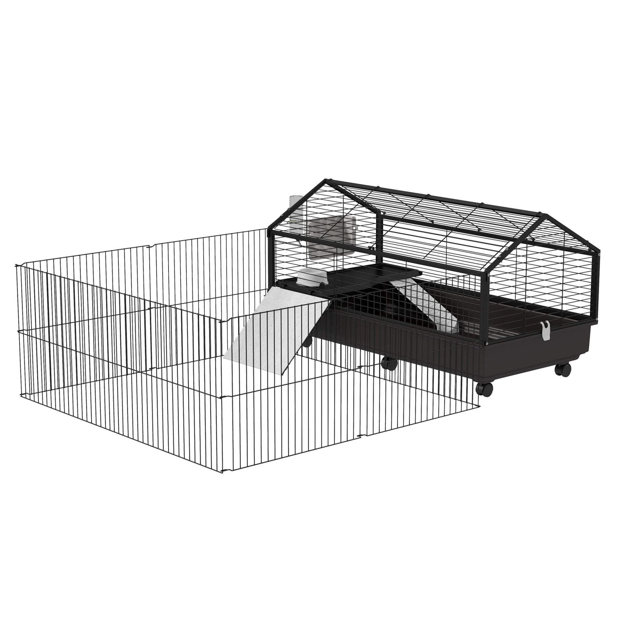 Rolling Small Animal Cage with Foldable Run Bunny Cage Black includes Water Bottle Bowl Ramps