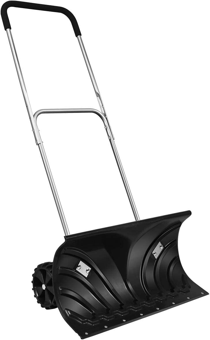 Rolling Snow Pusher, Heavy Duty Wheeled Snow Plow w/ 6Inch Wheels and