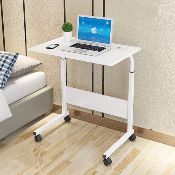 Rolling Sofa Side Snack Table Portable Laptop Computer Desk Stand with Wheels, Height Adjustable Breakfast TV Tray Bedside Coffee Table, Wood Desktop with Metal Frame (White 31.5" Lx15.7 W)