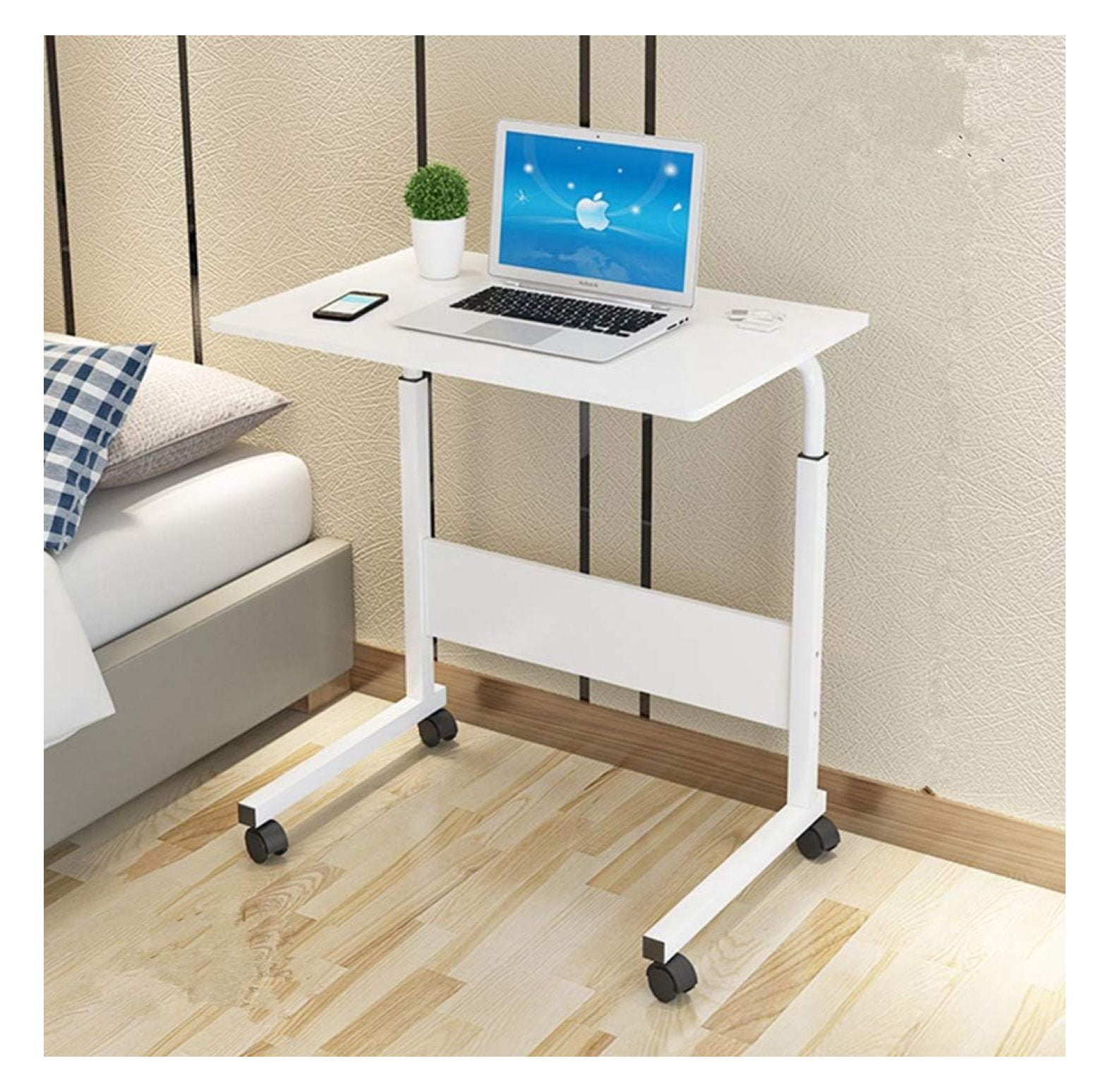Rolling Side Table With Wheels - Adjustable Height Laptop Desk, Breakfast Tray, Retro Color