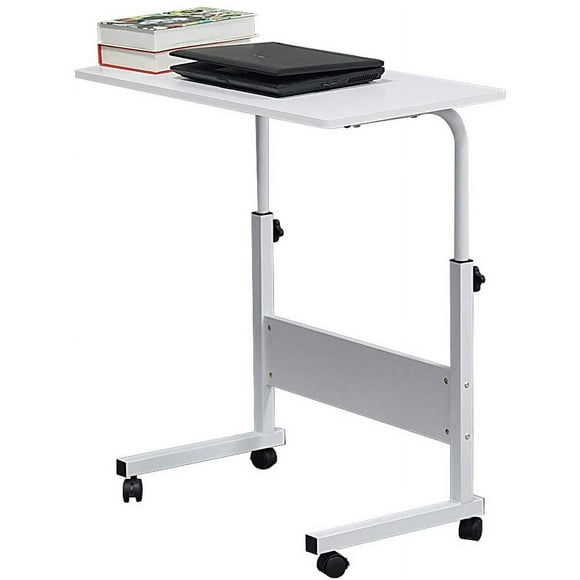 Rolling Sofa Side Table Mobile Snack Table, Height Adjustable Portable Laptop Computer Stand Desks Breakfast Tray Table with Wheels for Living Room Bedroom, Wood Desktop with Metal Frame (White)