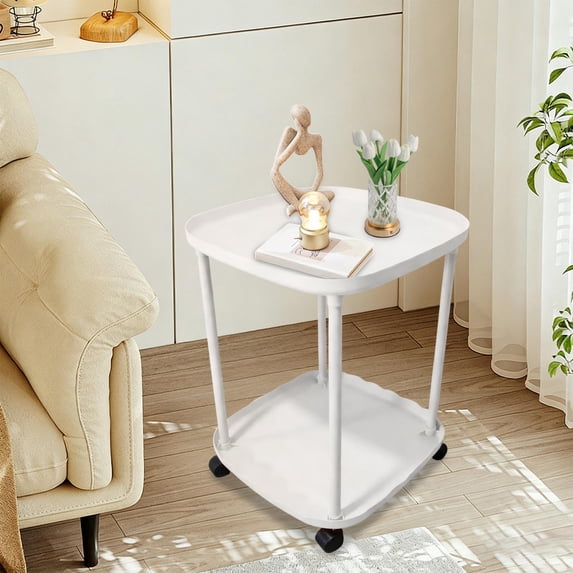 Rolling Sofa Side Table with Two Tiers and Wheels, Mobile Bedside Nightstand for Bedroom Living Room, Double-Layer Plastic End Table with Raised Edges for Drinks Books and Skincare
