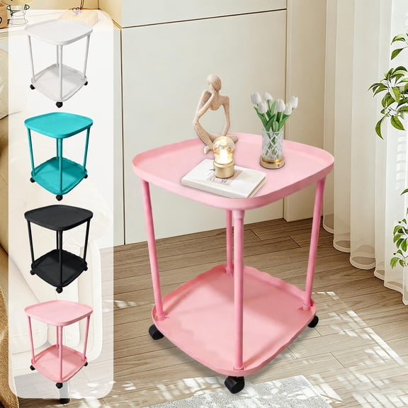 Rolling Sofa Side Table with Wheels | Plastic Double-Tier Coffee Table, Modern Nightstand for Bedroom or Living Room, 18.5"x13.4", Storage Rack, Matte, Easy Clean