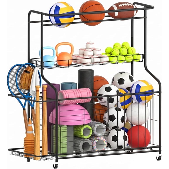 Rolling Sports Equipment Organizer With Wheels, Heavy Duty Metal Storage Rack And Ball Holder, Large Capacity Utility Garage Toy Cart Trolley, Matte Black, One Piece