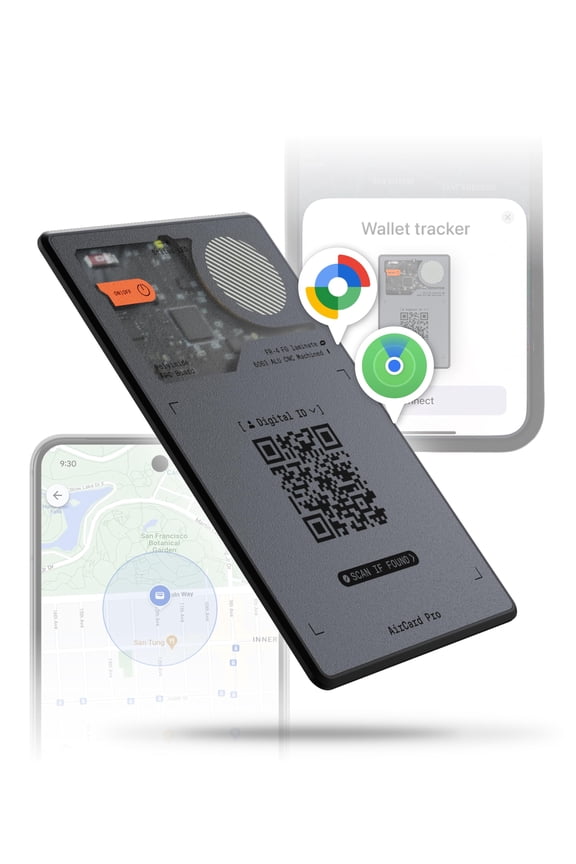 AirCard Pro Dual - Bluetooth Wallet Tracker - Compatibile with Both Apple iOS Find My and Google Android Find Hub - Wireless Charging, Anti-Loss Card - Smart Locator, Gray A101