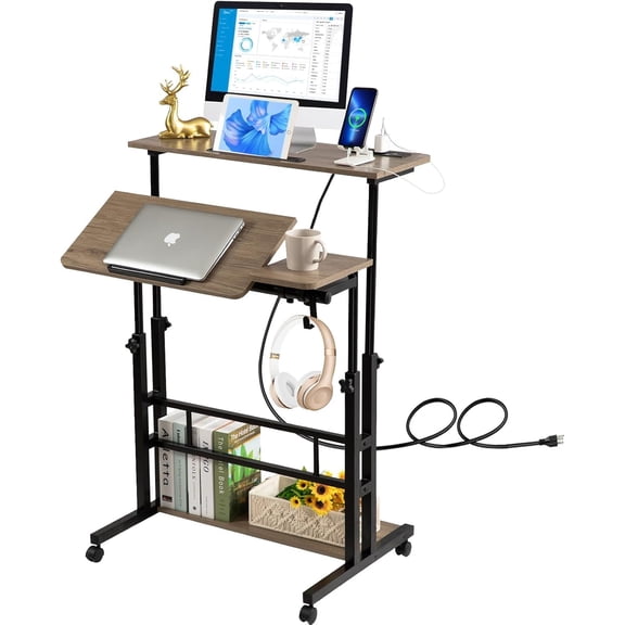 Rolling Stand Up Desk Adjustable Height - Portable Standing Desk with Wheels & Charging Station, Mobile Laptop Desk Small Standing Desk Drawing Table, Grey