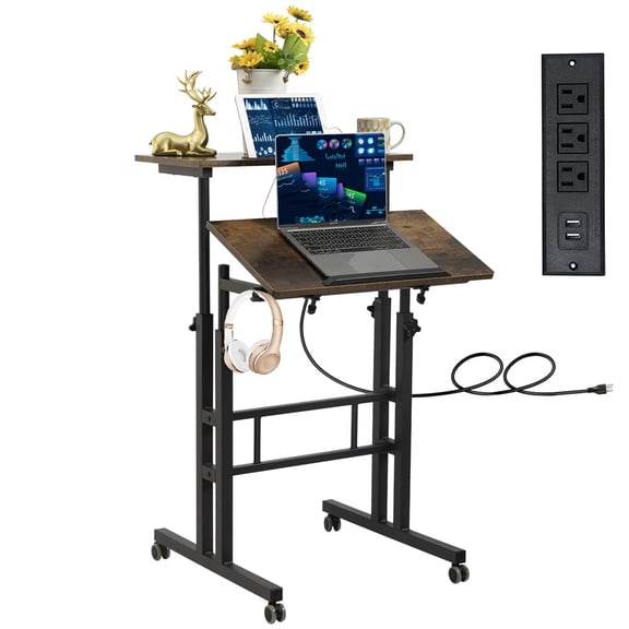 Rolling Stand Up Desk Adjustable Height - Portable Standing Desk with Wheels & Charging Station, Mobile Laptop Desk Small Standing Desk Drawing Table, Grey