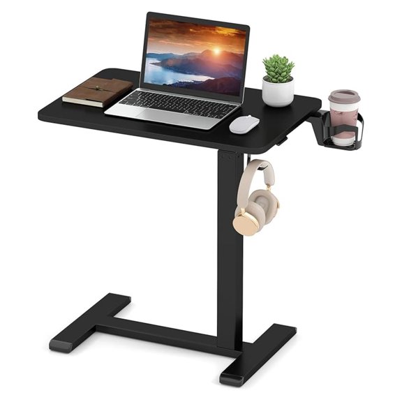 Rolling Standing Desk, C Shaped End Table Adjustable Height with Wheels, Cup Holder & Headphone Hook, Mobile Sofa Couch Bed Side Table for Living Room, Home Office (Black)