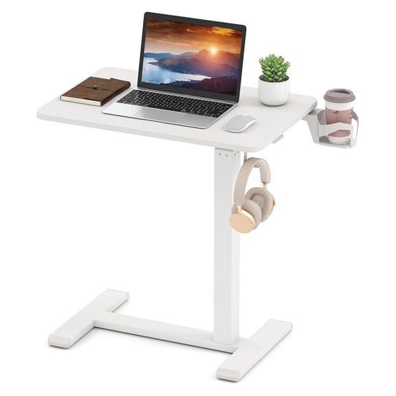 Rolling Standing Desk, C Shaped End Table Adjustable Height with Wheels, Cup Holder & Headphone Hook, Mobile Sofa Couch Bed Side Table for Living Room, Home Office (White)