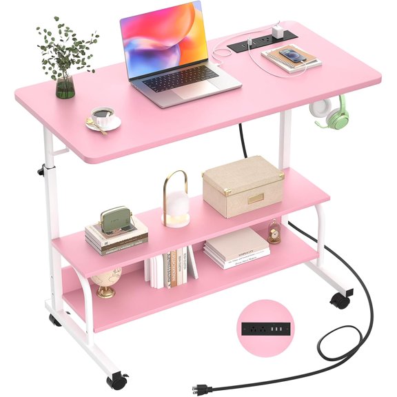 Rolling Standing Desk with Charging Station, Height Adjustable Mobile Computer Desk with Wheels, 2-Tier Shelves, Hooks, and Round Corners, 32 Inch Pink