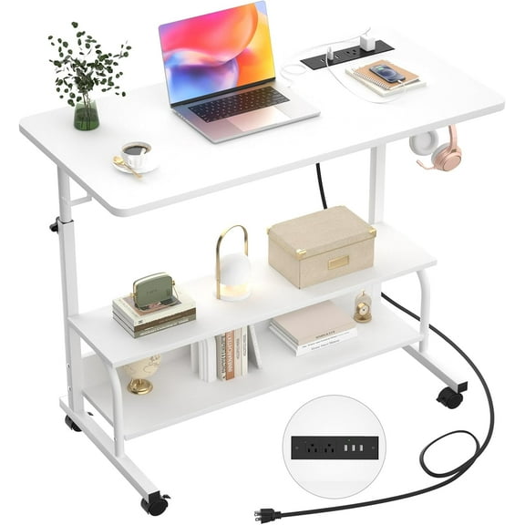 Rolling Standing Desk with Charging Station, Height Adjustable Mobile Computer Desk with Wheels, 2-Tier Shelves, Hooks, and Round Corners, 32 Inch White