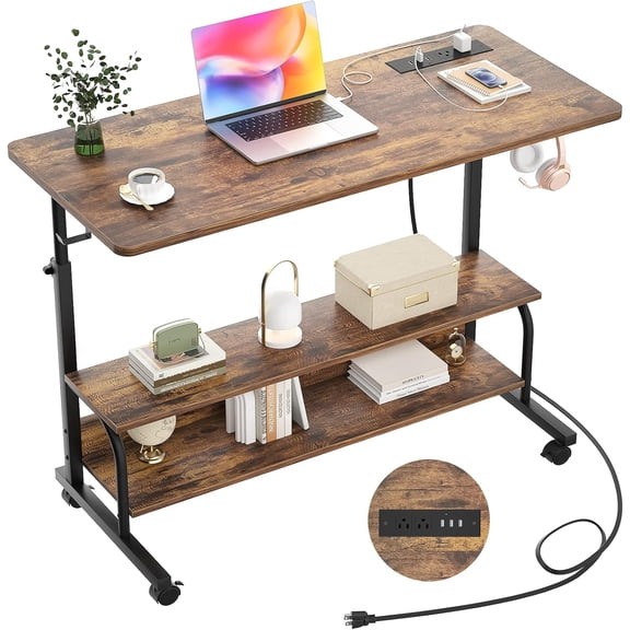 Rolling Standing Desk with Charging Station, Height Adjustable Mobile Computer Desk with Wheels, 2-Tier Shelves, Hooks, and Round Corners, 39 Inch Rustic Brown