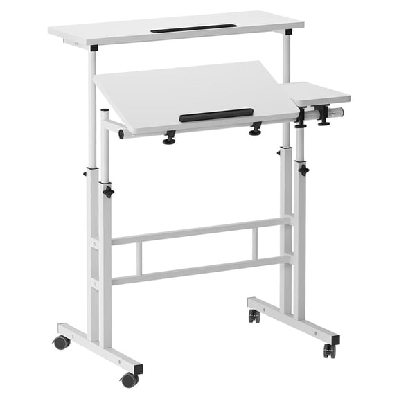 Rolling Standing Desk Height Adjustable, Mobile Sit-Stand Desk with Tilt Top, Laptop Table for Home Office, White