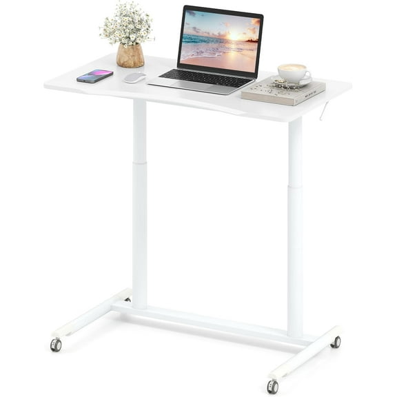 Rolling Standing Desk, Height Adjustable Sit Stand Up Desk w/Wheels & Metal Frame, Sofa Side Rising Table, Mobile Laptop Computer Workstation for Home Office Study Small Space (White)