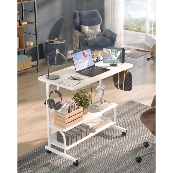 Rolling Standing Desk with Power Outlets, 32" Manual Height Adjustable Mobile Computer Desk with Wheels, Small Portable Sit Stand Laptop Couch Table for Bed & Sofa Home Office, White