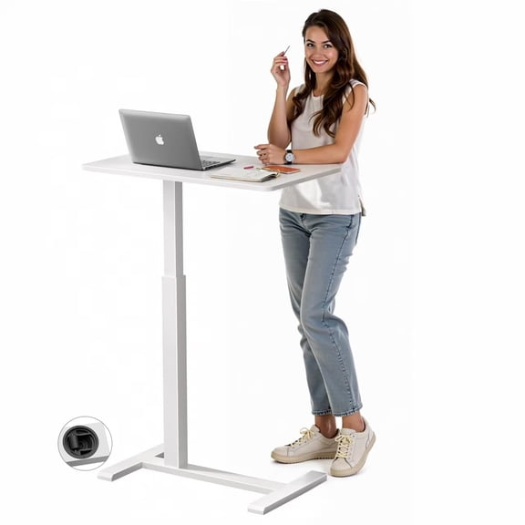 Rolling Standing Desk with Hidden Wheels,Overbed Bedside Table Adjustable Height,Pneumatic Laptop Desk Rolling Computer Cart for Home,Office,White