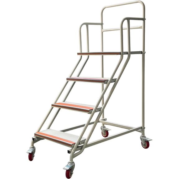 Rolling Step Ladder With Wheels, 4 Step Industrial Warehouse Stairs With Handrail, Heavy Duty Steel Mobile Safety Ladder For Home Supermarket Garage Storage Rack Access