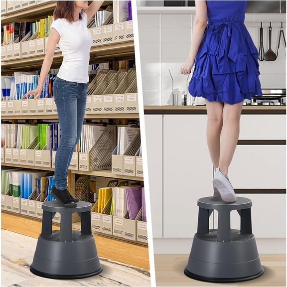 Rolling Step Stool, Round Step Stool with Rubber Ring & Non-Slip Platform, 350 LBS Weight Capacity, Portable Library Stool with Wheels Ideal for Kitchen, Library, Office, Garage$$Office