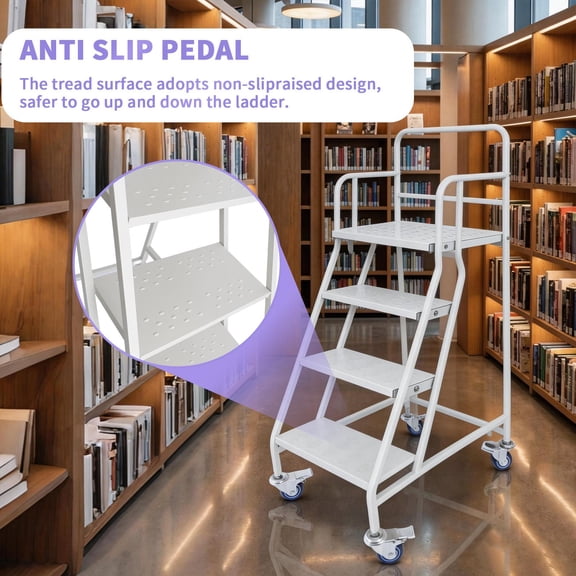 Rolling Steps Ladder, 4 Step Rolling Ladder with Safety Fence & Non-Slip Raised Design, 880 LBS Heavy Duty Platform Ladder for School Office Warehouse