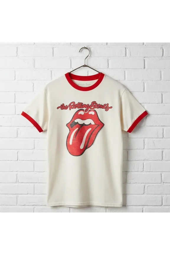 Rolling Stones Hot Lips Logo Ringer T Shirt (Ivory, AdultM)