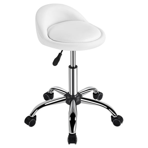 Rolling Stool Adjustable Swivel Stools Chair with Wheels & Back Support Round PU Leather Salon Stools for Massage Spa, White