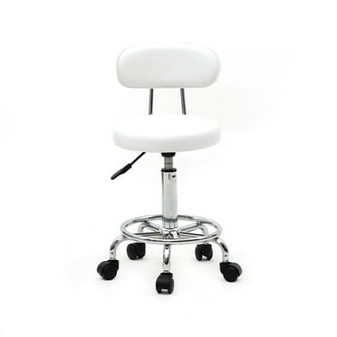 Rolling Stool with Back, Adjustable Stool Chair with Wheels and Footrest, PU Leather Upholstered Shop Stool for SPA Salon Home Bar, 13.4" x 13.4" x 32.87"(L*W*H), White