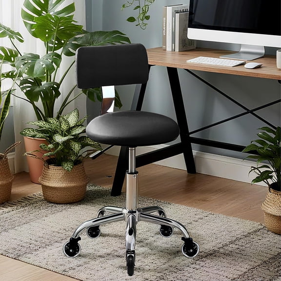 Rolling Stool Chair With Wheels Office Drafting Support Height Adjustable Standing Desk Pu Leather Cushion For Home Kitchen Vanity Spa Garage Dentist(black)