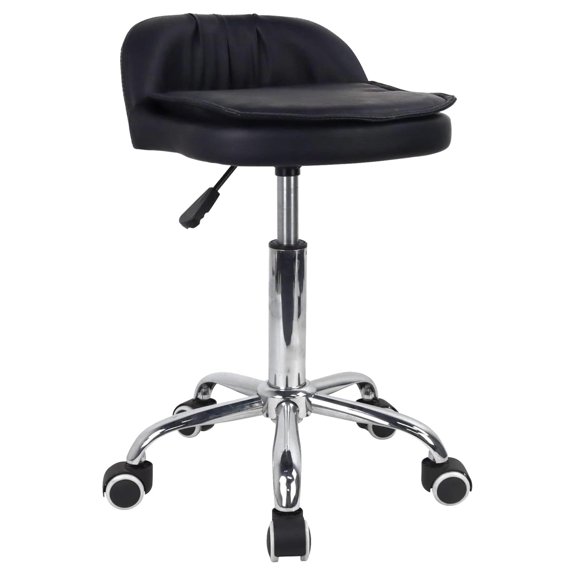 Rolling Stool Height Adjustable 360 Swivel with Universal Casters Leather Cushion with Low Back Rolling Chair with Wheels for Office Kitchen Desk Home Salon Shop Lab Bar Counter (Black)