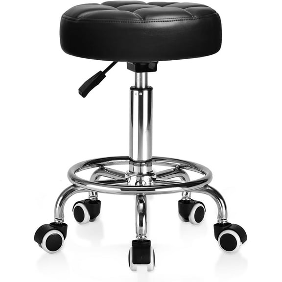 Rolling Stool PU Leather Round - Ultra Soft Padded Seat Cushion Stool with Wheels with Footrest, Weight Capacity 300lb,Adjustable Height Stool for Tattoo Massage Salon Medical Spa Center (Black1)