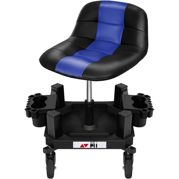 Rolling Stool with Wheels, Adjustable Shop Stool Mechanic Chair Seat Garage Shop Roller Work Chair Mobile Rolling Seat with Tool Tray, 2 Cup Holders, 4" Casters, 350 LBS, Heavy-Duty, Blue