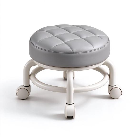 Rolling Stool with Wheels, Low Padded Footrest Ottoman, 360° Swivel Casters, Waterproof PU Leather Cushion, Sturdy Metal Frame for Office, Garage, Living Room - Gray