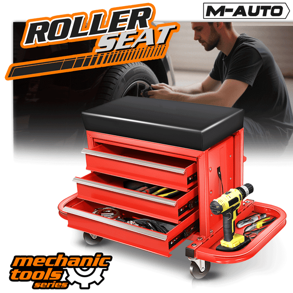 Rolling Stool with 3-Drawer Tool Box, Padded Mechanic Stool Seat with Foldable Tool Tray, 350 lbs Capacity Garage Workshop Stool with Wheels