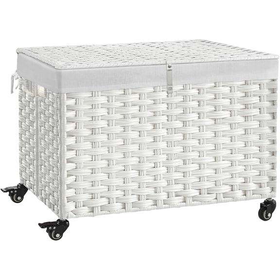 Rolling Storage Basket with Lid, 47.6 Gallon (180L) Storage Bin with Wheels, Woven Rattan Blanket Storage Basket with Handles, Foldable, Metal Frame, Removable Liner for Bedroom, Laundry Room