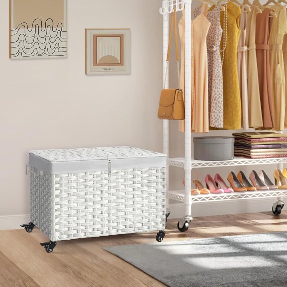Rolling Storage Basket with Lid, 47.6 Gallon Woven Rattan Blanket Bin for Bedroom