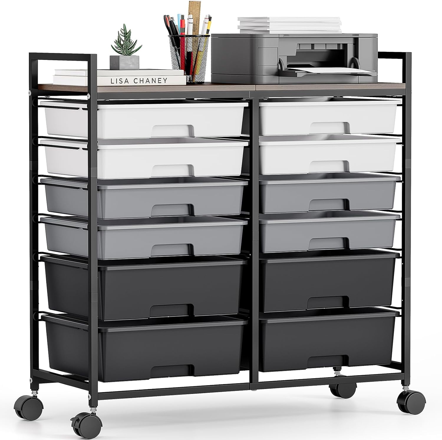 Rolling Storage Cart with 12 Drawers Wooden Tabletop Utility Cart for ...