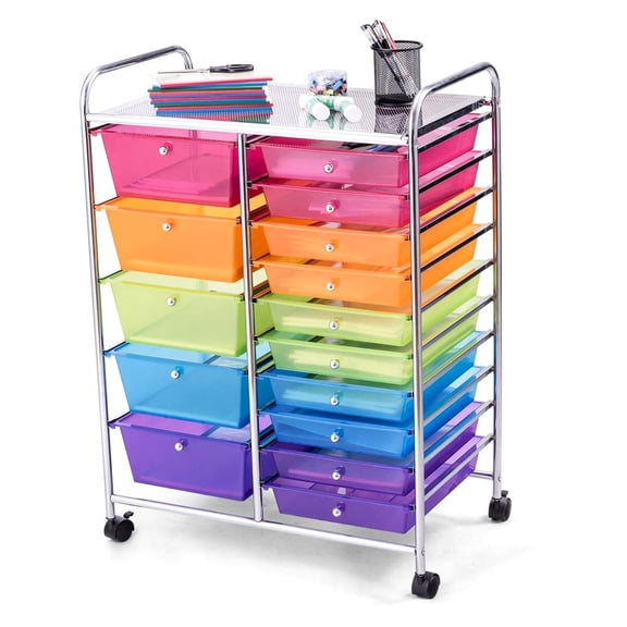Rolling Storage Cart,15-Drawer Craft & Art Supply Organizer,Removable Drawers,Lockable Wheels,Home Office Classroom,Rainbow