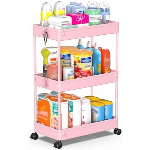 Rolling Storage Cart 3 Tier, Bathroom Cart Organizer Laundry Room Organizer Utility Cart Mobile Shelving Unit Multi-Functional Shelves for Office, Kitchen, Bathroom, Pink