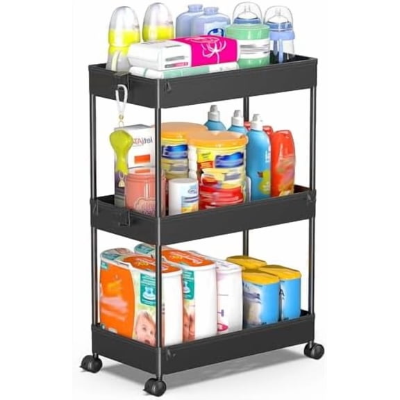 Rolling Storage Cart 3 Tier Bathroom Cart Organizers with Wheels Laundry Room Organization Mobile Shelving Unit Utility Cart Storage Shelves Multi-Functional for Office, Home, Black