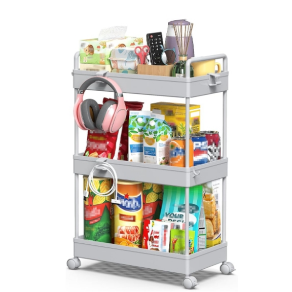 Rolling Storage Cart, 3 Tier Utility Cart Mobile Slide Out Organizer, Bathroom Standing Rack Shelving Unit Organizer for Kitchen, Bathroom, Laundry Room, Gray