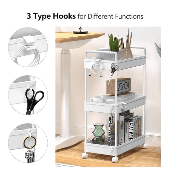 Rolling Storage Cart, 3 Tier Utility Cart Mobile Slide Out Organizer, Bathroom Standing Rack Shelving Unit Organizer for Kitchen, Bathroom, Laundry Room, White
