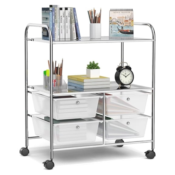 Rolling Storage Cart with 4 Drawers & 2 Shelves, Metal Frame Paper Scrapbook File Organizer for Home Office, School Classroom, Movable Art Cart (Clear)