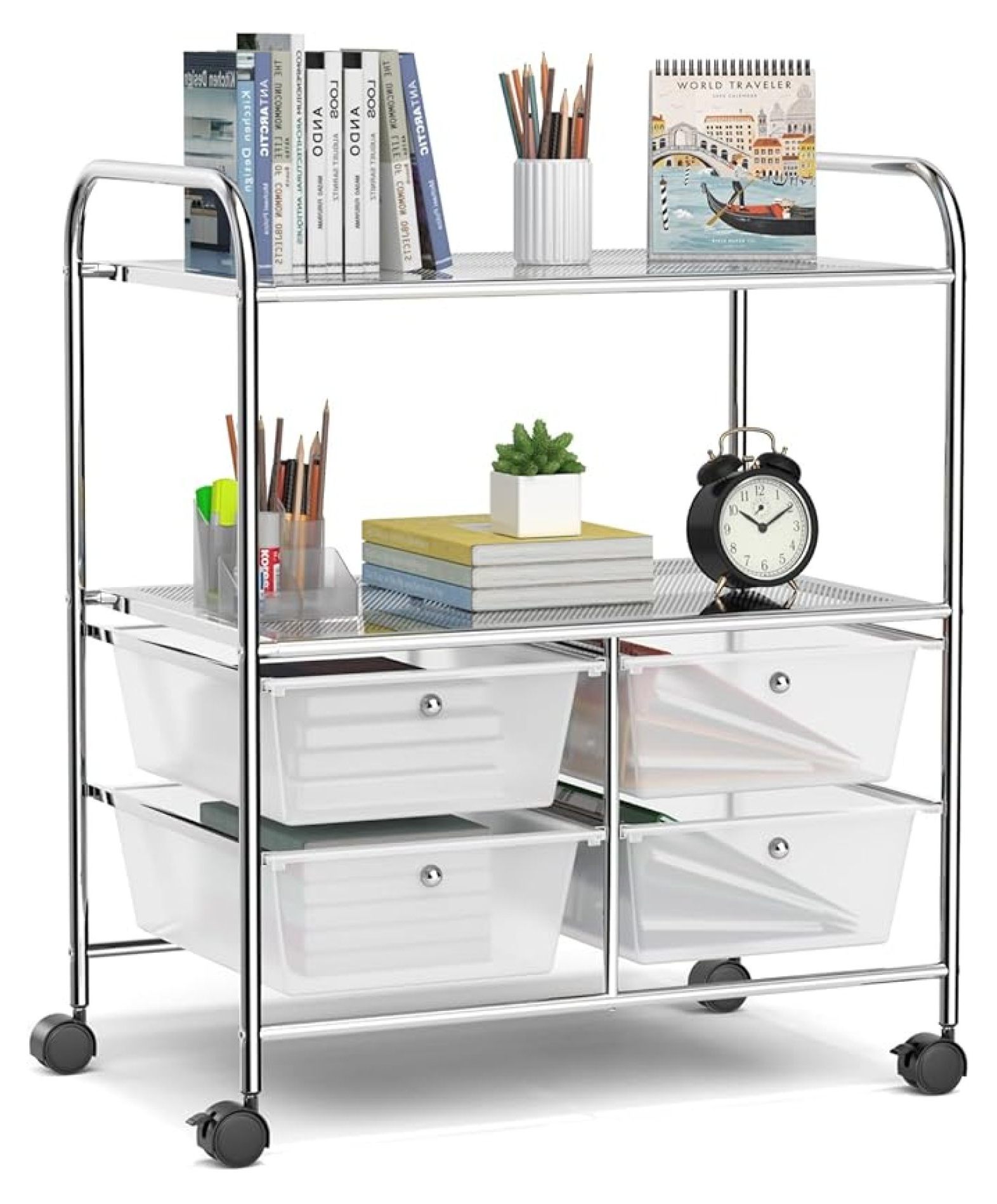 Rolling Storage Cart with 4 Drawers & 2 Shelves, Metal Frame Paper ...