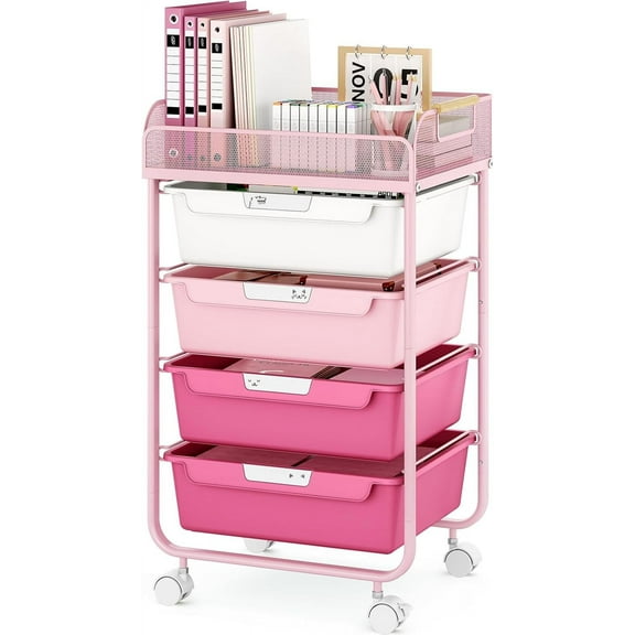 Rolling Cart with 4 Drawers,4 Tiers Rolling Utility Cart Craft Cart,Rolling Storage Drawer Cart with Mesh Top,Storage Cart with Drawers & 4 PCS DIY Lable, Pink