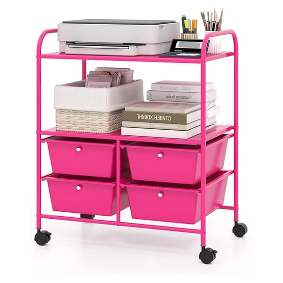 Rolling Storage Cart with 4 Drawers - Utility Cart on Wheels w/2 Shelves & Metal Frame, Paper Scrapbook File Organizer for Home Office School Classroom, Movable Art Cart (Pink)